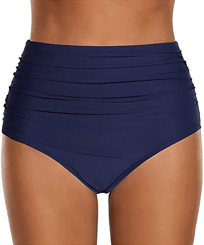 ABINGOO Damen Bikinihose Badeanzug Elastischer Bauchweg High Waist Blau Strand Badeshorts Abdominal Ruched Klassische Badehose(Blau,S) von ABINGOO