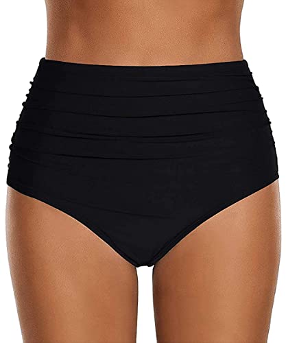 ABINGOO Damen Bikinihose Badeanzug Elastischer Bauchweg High Waist Schwarz Strand Badeshorts Abdominal Ruched Klassische Badehose(Schwarz,XXL) von ABINGOO