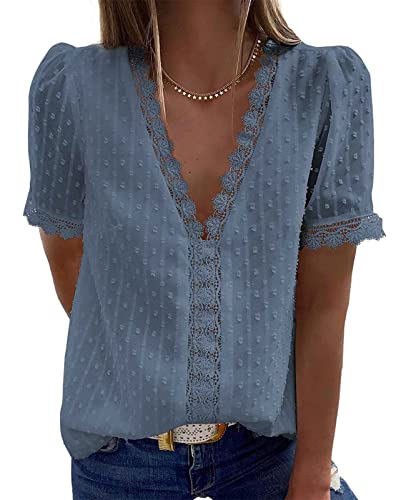 ABINGOO Damen Bluse Spitze Casual V-Ausschnitt Elegant Einfarbiges Basic Pullover Shirt Oberteil Tops(Z-Blau,XL) von ABINGOO