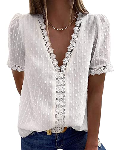 ABINGOO Damen Bluse Spitze Casual V-Ausschnitt Elegant Einfarbiges Basic Pullover Shirt Oberteil Tops(Z-Weiß,L) von ABINGOO