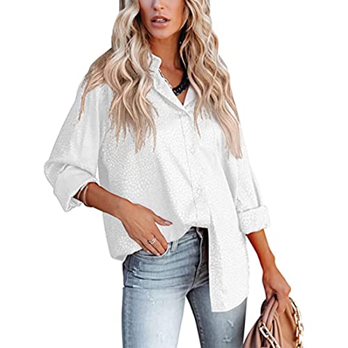 ABINGOO Damen Bluse V-Ausschnitt Leopardenmuster Satin Langarm Blusen Button Down Lässige Oberteile Langarmshirts(Weiß,XL) von ABINGOO