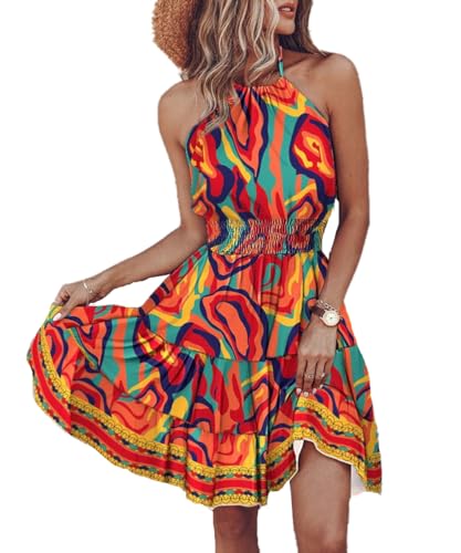ABINGOO Damen Bohemian Sommerkleid Rückenfrei Neckholder Minikleid Hohe Taille A-Linie Swing Freizeitkleid Blumendruck Strandkleider(Gelb,S) von ABINGOO