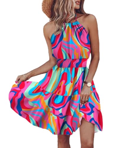 ABINGOO Damen Bohemian Sommerkleid Rückenfrei Neckholder Minikleid Hohe Taille A-Linie Swing Freizeitkleid Blumendruck Strandkleider(Rot,XL) von ABINGOO