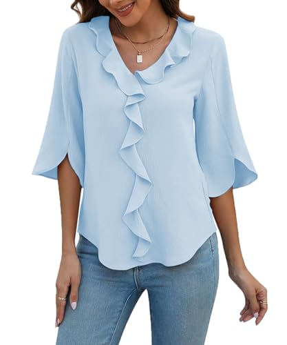 ABINGOO Damen Chiffon Bluse V-Ausschnitt Rüschensaum Loose Tunika 3/4-Ärmeln Elegant Tops Business Einfarbige Oberteile Pullover(Blau,S) von ABINGOO