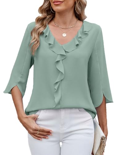 ABINGOO Damen Chiffon Bluse V-Ausschnitt Rüschensaum Loose Tunika 3/4-Ärmeln Elegant Tops Business Einfarbige Oberteile Pullover(Grün,S) von ABINGOO