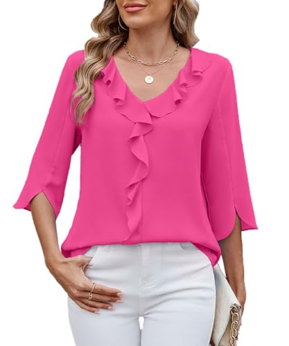 ABINGOO Damen Chiffon Bluse V-Ausschnitt Rüschensaum Loose Tunika 3/4-Ärmeln Elegant Tops Business Einfarbige Oberteile Pullover(Rosa,S) von ABINGOO