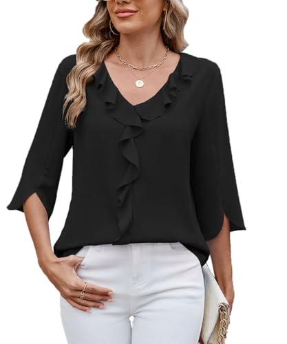 ABINGOO Damen Chiffon Bluse V-Ausschnitt Rüschensaum Loose Tunika 3/4-Ärmeln Elegant Tops Business Einfarbige Oberteile Pullover(Schwarz,XL) von ABINGOO