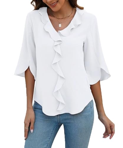 ABINGOO Damen Chiffon Bluse V-Ausschnitt Rüschensaum Loose Tunika 3/4-Ärmeln Elegant Tops Business Einfarbige Oberteile Pullover(Weiß,L) von ABINGOO