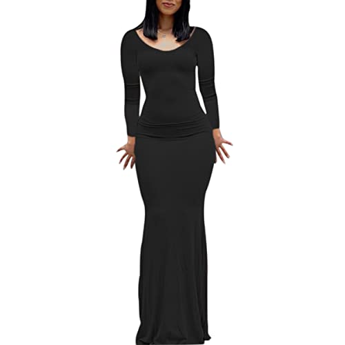 ABINGOO Damen Figurbetontes Langarm Langes Einfarbig Kleid Skims Maxikleid Fischschwanzkleider Cocktail Party Kleid(Z-Schwarz,L) von ABINGOO