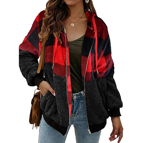 ABINGOO Damen Kapuzenjacke Warm Mantel Teddy-Fleece Plüschjacke Karierte Casuale Zip Hoodie Cardigan Outwear(Rot+Schwarz,XL) von ABINGOO