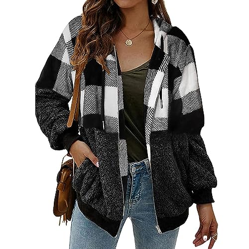 ABINGOO Damen Kapuzenjacke Warm Mantel Teddy-Fleece Plüschjacke Karierte Casuale Zip Hoodie Cardigan Outwear(Schwarz+Weiß,L) von ABINGOO