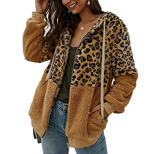ABINGOO Damen Kapuzenjacke Warm Mantel Teddy-Fleece Plüschjacke Leopard Casuale Zip Hoodie Cardigan Outwear(Braun,M). von ABINGOO