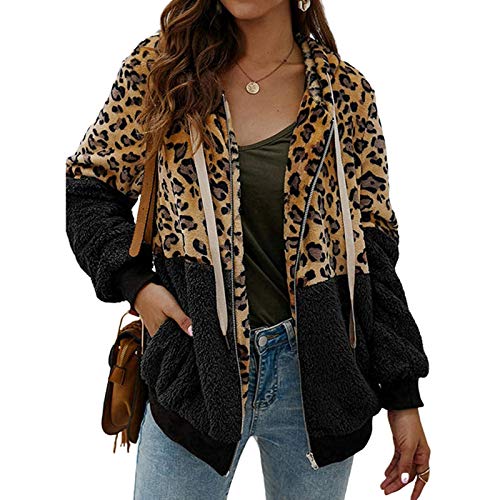 ABINGOO Damen Kapuzenjacke Warm Mantel Teddy-Fleece Plüschjacke Leopard Casuale Zip Hoodie Cardigan Outwear(Schwarz,L) von ABINGOO
