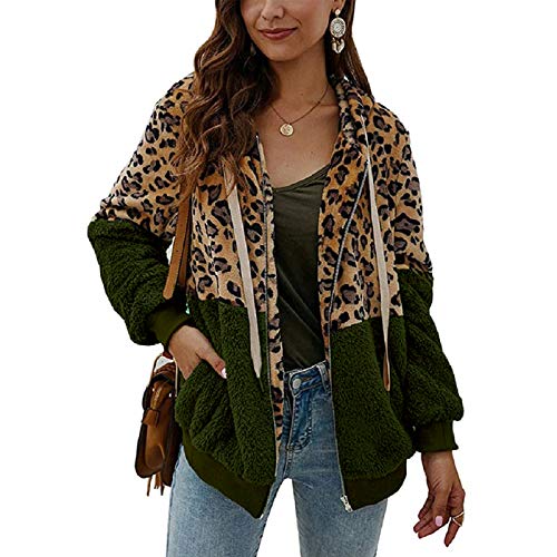 ABINGOO Damen Kapuzenjacke Warm Mantel Teddy-Fleece Plüschjacke Leopard Casuale Zip Hoodie Cardigan Outwear,Grün,S von ABINGOO