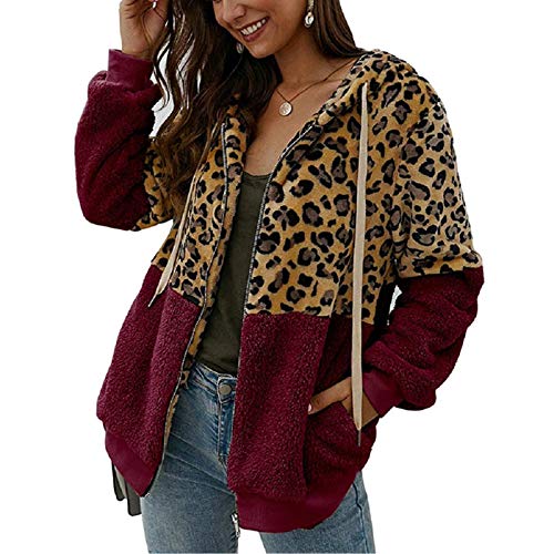 ABINGOO Damen Kapuzenjacke Warm Mantel Teddy-Fleece Plüschjacke Leopard Casuale Zip Hoodie Cardigan Outwear,Rot,S von ABINGOO