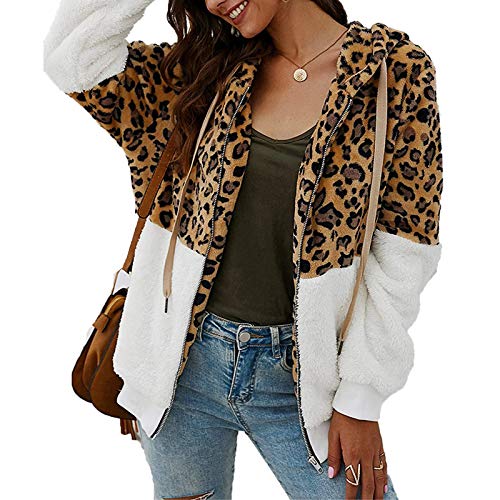 ABINGOO Damen Kapuzenjacke Warm Mantel Teddy-Fleece Plüschjacke Leopard Casuale Zip Hoodie Cardigan Outwear(Weiß,XXL) von ABINGOO