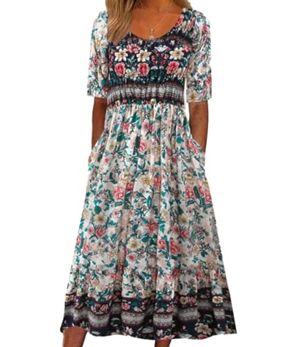 ABINGOO Damen Kurzarm Sommerkleid Rundhals Midikleid Lang Boho Freizeitkleid Lose Knielang Kleider Strandkleider Blumenkleid mit Taschen(A-Blumen,L) von ABINGOO