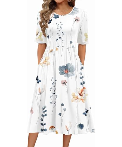 ABINGOO Damen Kurzarm Rundhals Sommerkleid Boho Blumendruck A-Linie Kleid Lose Midikleid Freizeitkleid Strandkleider mit Taschen(E-Weiß,L) von ABINGOO