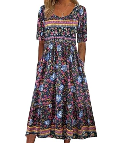 ABINGOO Damen Kurzarm Sommerkleid Rundhals Midikleid Lang Boho Freizeitkleid Lose Knielang Kleider Strandkleider Blumenkleid mit Taschen(B-Blumen,L) von ABINGOO