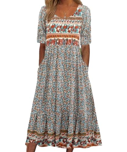 ABINGOO Damen Kurzarm Sommerkleid Rundhals Midikleid Lang Boho Freizeitkleid Lose Knielang Kleider Strandkleider Blumenkleid mit Taschen(C-Blumen,L) von ABINGOO