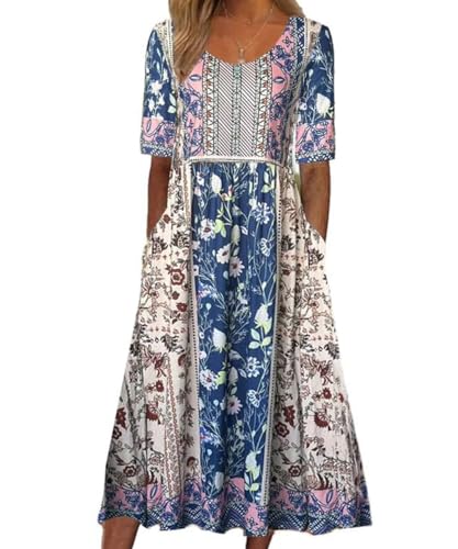 ABINGOO Damen Kurzarm Sommerkleid Rundhals Midikleid Lang Boho Freizeitkleid Lose Knielang Kleider Strandkleider Blumenkleid mit Taschen(F-Blumen,L) von ABINGOO