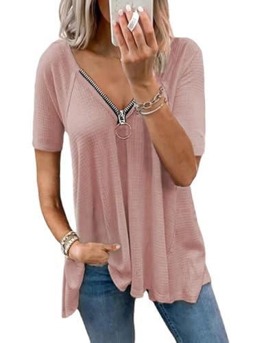 ABINGOO Damen Kurzarm V-Ausschnitt T-Shirt mit Reißverschluss Einfarbig Casual Tunika Lose Basic Tops Elegant Bluse Shirt(Rosa,L) von ABINGOO