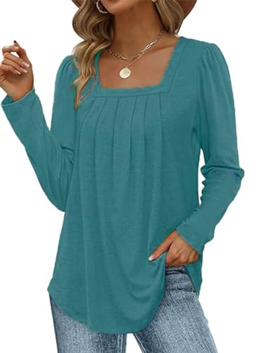 ABINGOO Damen Langarm Elegant Tunika Herbst Einfarbig Falten Lässige Bluse Flowy Locker Longshirt Tops(Aquamarine,M) von ABINGOO