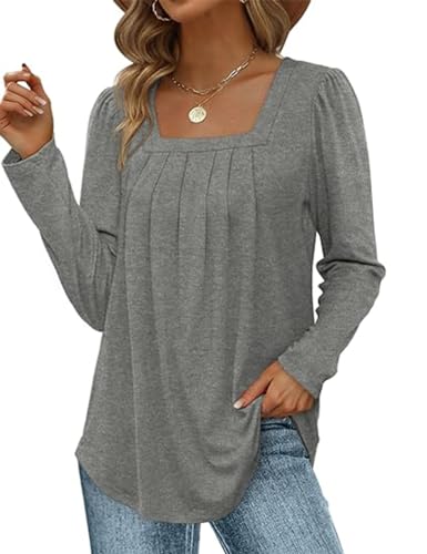 ABINGOO Damen Langarm Elegant Tunika Herbst Einfarbig Falten Lässige Bluse Flowy Locker Longshirt Tops(Grau,XL) von ABINGOO