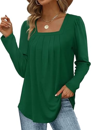 ABINGOO Damen Langarm Elegant Tunika Herbst Einfarbig Falten Lässige Bluse Flowy Locker Longshirt Tops(Grün,M) von ABINGOO