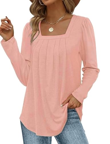 ABINGOO Damen Langarm Elegant Tunika Herbst Einfarbig Falten Lässige Bluse Flowy Locker Longshirt Tops(Rosa,S) von ABINGOO