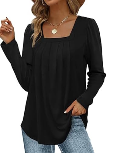 ABINGOO Damen Langarm Elegant Tunika Herbst Einfarbig Falten Lässige Bluse Flowy Locker Longshirt Tops(Schwarz,XXL) von ABINGOO