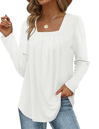 ABINGOO Damen Langarm Elegant Tunika Herbst Einfarbig Falten Lässige Bluse Flowy Locker Longshirt Tops(Weiß,M) von ABINGOO