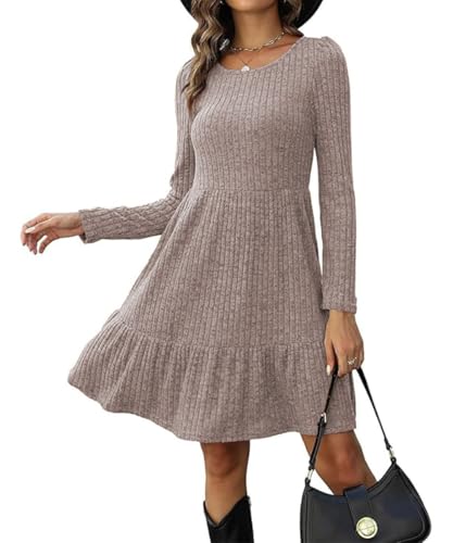 ABINGOO Damen Langarm Pulloverkleid Rundhals A-Linie Freizeitkleid Elegant Langarmkleid Herbst Winterkleid Einfarbige Lässiges Tunikakleid(Braun,M) von ABINGOO