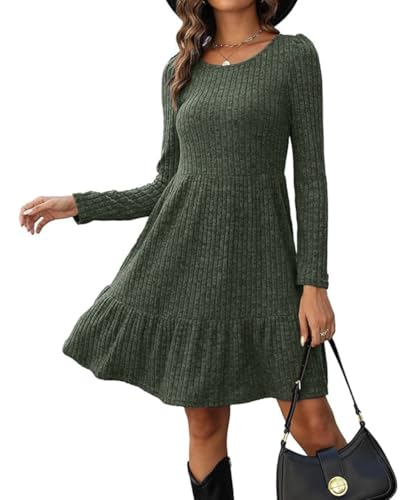 ABINGOO Damen Langarm Pulloverkleid Rundhals A-Linie Freizeitkleid Elegant Langarmkleid Herbst Winterkleid Einfarbige Lässiges Tunikakleid(Grün,S) von ABINGOO