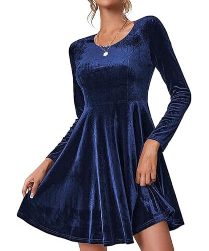 ABINGOO Damen Langarm Samtkleid Elegant Rundhals A-Linie Cocktailkleid High Waist Einfarbiger Abendkleid Samt Minikleid Ballkleider Festliche Kleider(Blau,M) von ABINGOO
