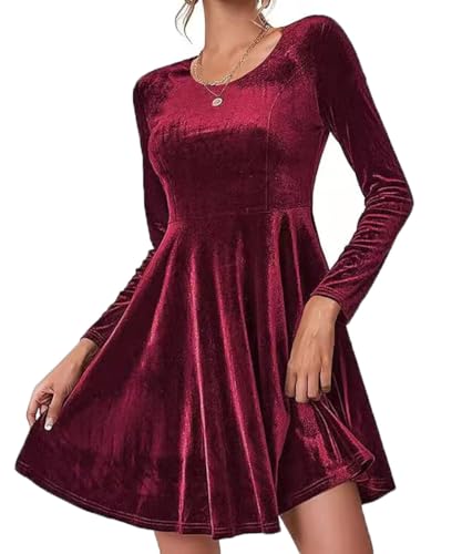 ABINGOO Damen Langarm Samtkleid Elegant Rundhals A-Linie Cocktailkleid High Waist Einfarbiger Abendkleid Samt Minikleid Ballkleider Festliche Kleider(Rot,M) von ABINGOO