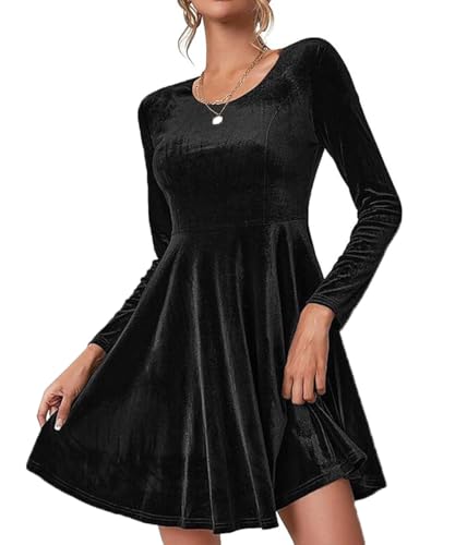 ABINGOO Damen Langarm Samtkleid Elegant Rundhals A-Linie Cocktailkleid High Waist Einfarbiger Abendkleid Samt Minikleid Ballkleider Festliche Kleider(Schwarz,S) von ABINGOO