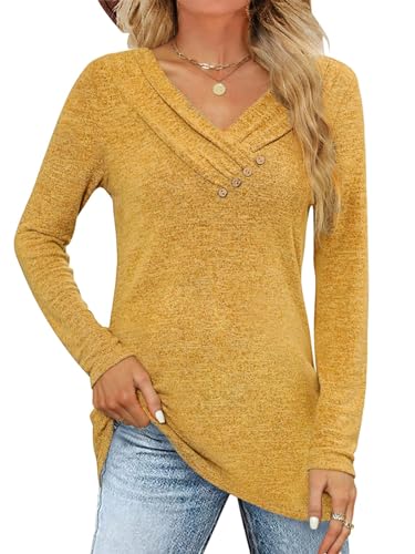 ABINGOO Damen Langarmshirts Tunika Tops V-Ausschnitt Frühlingblusen Oberteil Knopf Bluse Sweatshirt Damen Lässige Pullover Elegant Einfarbig T-Shirts(Gelb,XXL) von ABINGOO