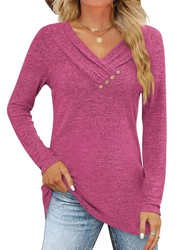 ABINGOO Damen Langarmshirts Tunika Tops V-Ausschnitt Frühlingblusen Oberteil Knopf Bluse Sweatshirt Damen Lässige Pullover Elegant Einfarbig T-Shirts(Rosa,XXL) von ABINGOO