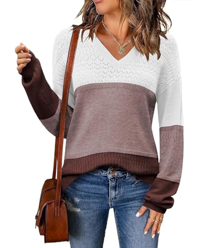 ABINGOO Damen Leichte Strickpullover V Ausschnitt Colorblock Pullover Gestreift Slim Fit Häkelpullover Casual Sweater Tops(Braun,S) von ABINGOO