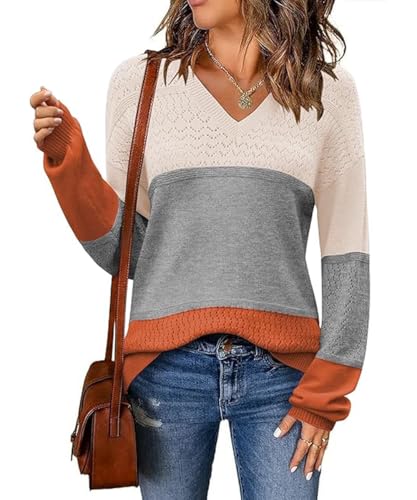 ABINGOO Damen Leichte Strickpullover V Ausschnitt Colorblock Pullover Gestreift Slim Fit Häkelpullover Casual Sweater Tops(Grau,XL) von ABINGOO