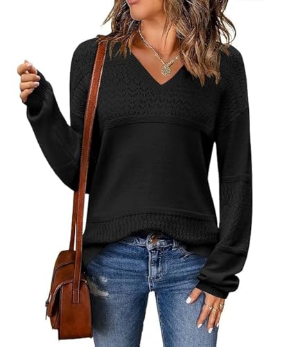 ABINGOO Damen Leichte Strickpullover V Ausschnitt Colorblock Pullover Gestreift Slim Fit Häkelpullover Casual Sweater Tops(Schwarz,L) von ABINGOO