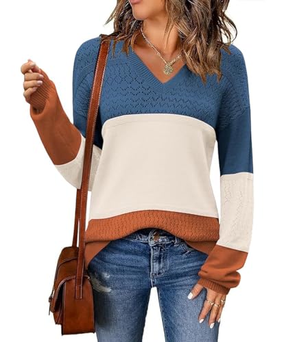 ABINGOO Damen Leichte Strickpullover V Ausschnitt Colorblock Pullover Gestreift Slim Fit Häkelpullover Casual Sweater Tops(Z-Beige,L) von ABINGOO