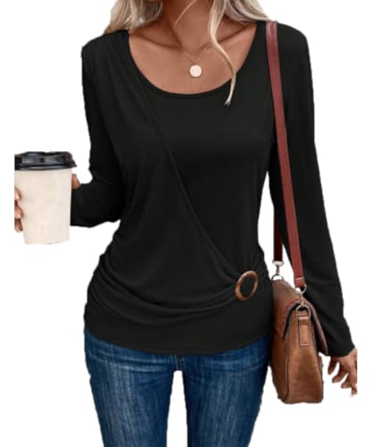 ABINGOO Damen Lockere Langarm T-Shirt Rundhals Plissiertes Tunika Einfarbige Pullover Oberteile Elegantes Lässiges Blusenshirt Tops(Schwarz,M) von ABINGOO