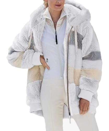 ABINGOO Damen Mantel Kapuzenjacke Winterjacke Mode Warm Hoodie Pullover Jacken Reißverschluss Plüschjacke Fleecejacke Oberteile(Weiß,L). von ABINGOO