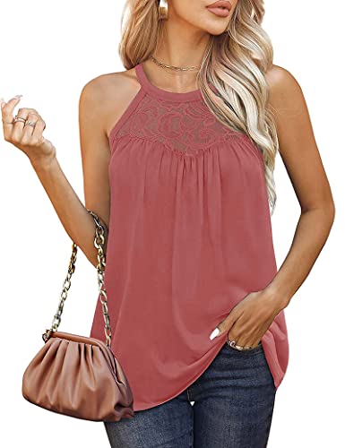 ABINGOO Damen Neckholder Tanktop Sommer Ärmellos Elegant Spitzen Camisole Tops Rundhals Casual Loose Fit Blusentop Weste Top(Rosa,M) von ABINGOO