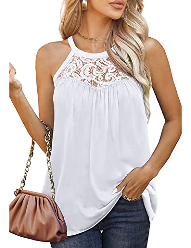 ABINGOO Damen Neckholder Tanktop Sommer Ärmellos Elegant Spitzen Camisole Tops Rundhals Casual Loose Fit Blusentop Weste Top(Weiß,M) von ABINGOO