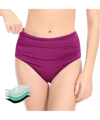 ABINGOO Damen Perioden Bikinihose Auslaufsichere Badehose Bauchweg Ruched Elastischer Bikini Klassische Strand Badeshorts Menstruations Badeanzug(Rot,M) von ABINGOO