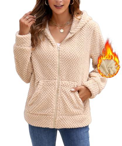 ABINGOO Damen Plüsch Reißverschluss Kapuzenpullover Casual Warm Teddy-Fleece Winter Oberteil Langarm Sweatshirt Fleecejacke Hoodie Mit Taschen(Beige,L) von ABINGOO