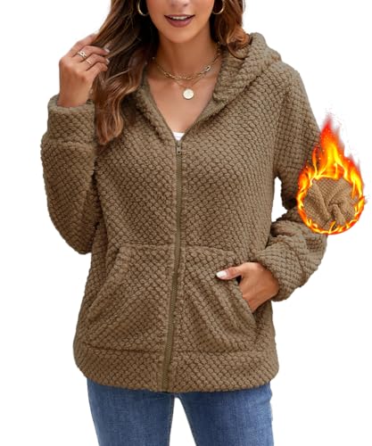 ABINGOO Damen Plüsch Reißverschluss Kapuzenpullover Casual Warm Teddy-Fleece Winter Oberteil Langarm Sweatshirt Fleecejacke Hoodie Mit Taschen(Braun,XXL) von ABINGOO